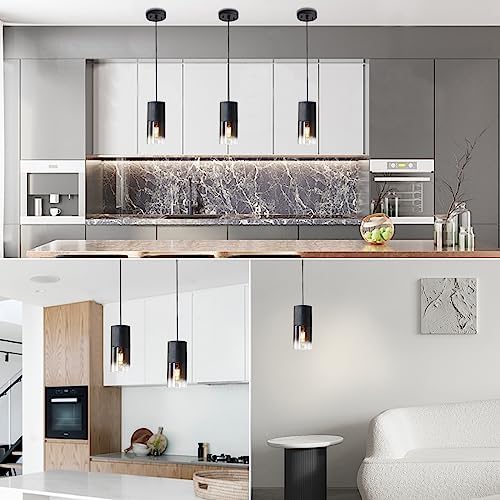 3-Pack Black Pendant Light Fixtures, Adjustable Modern Pendant Lights for Kitchen Island, Industrial Glass Pendant Lights for Dining Table Hallway Bedroom Living Room - Image 2