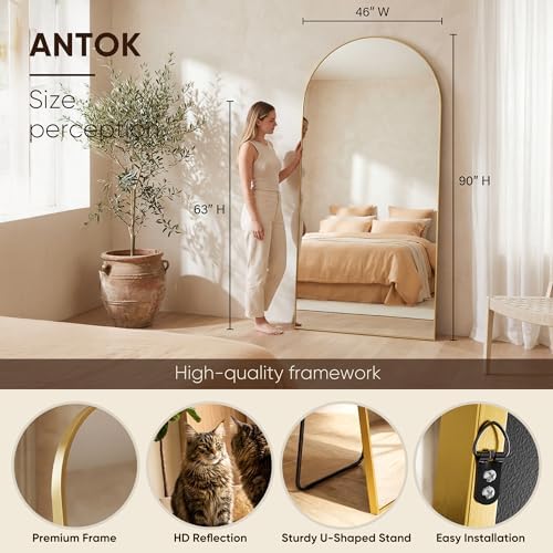 Antok 91" x46” Arched Full Length Mirror, Floor Mirror with Stand, Gold - Image 4