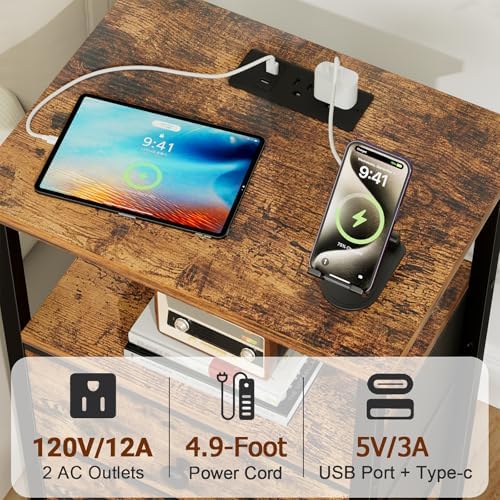 LOAKEKEL Night Stand, Small Nightstand with Charging Station - Image 4