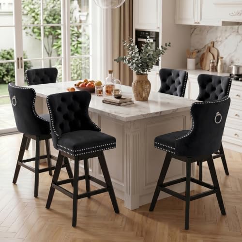 SoarFlash Kitchen Swivel Bar Stools with Solid Wood Legs Upholstered Counter Stools Set of 6, Black by SoarFlash