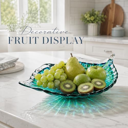 Hand Blown Glass Seashell Fruit Bowl,Gradient Decorative Glass Bowl for Kitchen Countertop,Coastal Seashell Serving Tray for Fruit Snacks,Art Table Centerpiece for Beach House Kitchen Decor (Teal) - Image 5