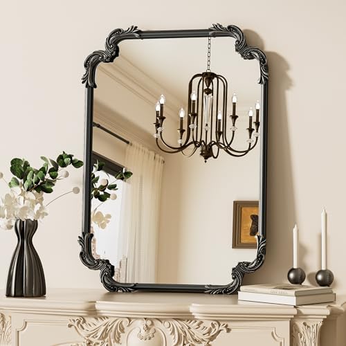 TETOTE Vintage Baroque Black Rectangle Mirror for Wall 22 x 30 Antique Scroll Frame French Mantle Mirror for Fireplace Bathroom Living Room Bedroom Decor, Horizontal/Vertical by TETOTE