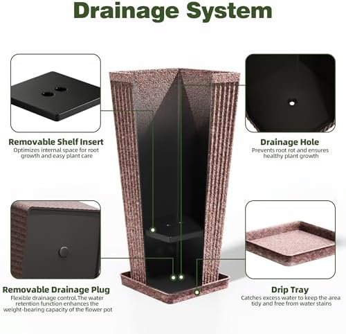 Square Tall Planters for Outdoor Plants with Tray - Stone Finishes - Image 3