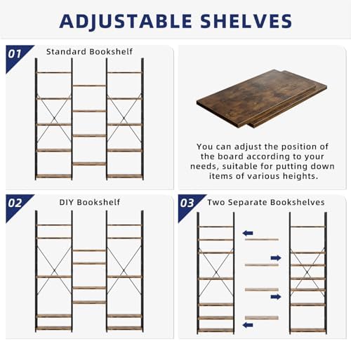 NUMENN Triple Column 5 Tier Bookshelf with 14 Adjustable Shelves, Vintage - Image 5