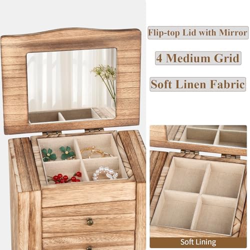 Meangood Jewelry Box Jewelry Organizer, 5-Layer Wooden Jewelry Organizers and Storage Boxes for Women Girls, Ring Earring Bracelet Necklace Holder Organizer with Mirror & Drawers (Carbonized Black) - Image 3