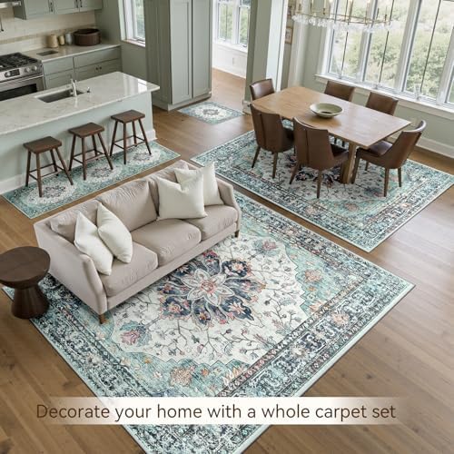 RELEANY Washable Area Rug, Large 10'x14', Teal Green/White/Navy - Image 4