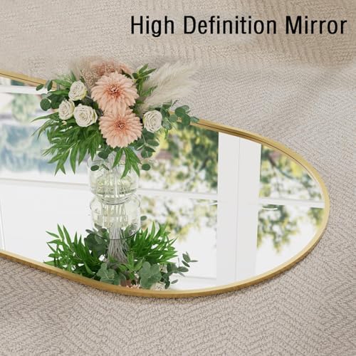 16"x48" Hanging Mirror with Leather Strap,Arched Full Length Mirror with Aluminum Frame Wall-Mounted Hanging Mirrors for Bathroom Vanity Living Room Bedroom Entryway Décor, Gold - Image 4