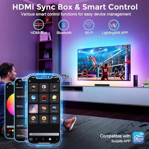 LightingWill TV LED Backlight with 4K HDMI Sync Box, 9.8ft RGBIC LED Strip Lights for 50-65 Inch TV, Sync with Screen, 3 HDMI Inputs, 60 LEDs/m High Density, App Control, Works with Alexa & Google - Image 5