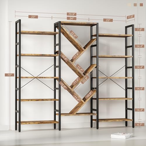 INNOD 70x70 Triple 5 Tier Book Shelf, Large Wooden Bookcase with 17 Open Display Shelf, Modern Tree Bookshelf Metal Frame Tall Book Case Furniture for Living Room Bedroom Home Office Rustic Brown - Image 2