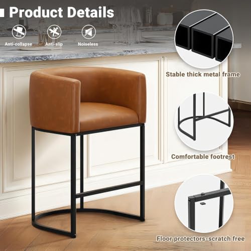 26" H Counter Height Bar Stools Set of 2, Modern Barrel Counter Stools with Backrest and Arms, Faux Leather Upholstered Accent Barstools for Kitchen Island,Support 450 LBS (Walnut Brown) - Image 6