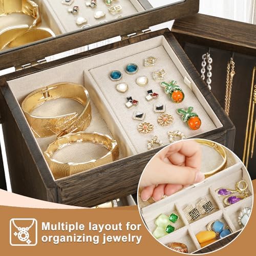 Jewelry Box for Women, Rustic Wooden Jewelry Boxes & Organizers with Mirror & Drawers,6 Layer Jewelry Organizer Box for Rings Earrings Necklaces Bracelets ((Vintage) - Image 5