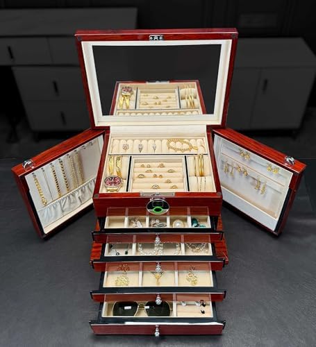 Jewelry Box Wood Jewel Organizer with Fingerprint Lock Safe, 7-Layer Large Locking Jewelry Storage Box with Necklace Hanger for Women Mens Gift (5L-RS) by SYENSofficial