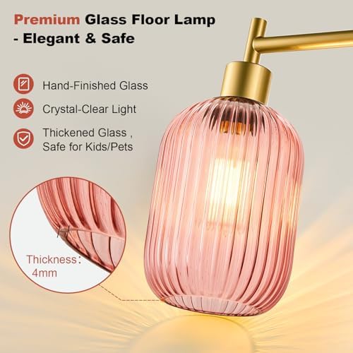 【Upgraded】 Dimmable Floor Lamp for Living Room with Pink Ribbed Glass Lampshade, Gold Modern Floor Lamp with 900LM LED Bulb Included, Arc Standing Tall Lamp for Bedroom, Office, Reading Room, Corner - Image 3