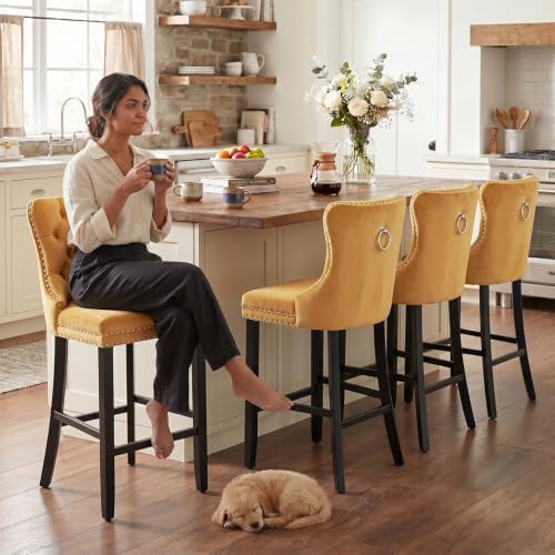 SoarFlash Modern Velvet Upholstered Bar Stools Set of 4 with Wood Legs, Button Tufted,Chrome Nailhead, Counterstool Seat, Armless Bar Chairs (Gold) - Image 3