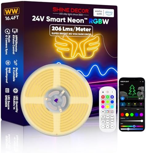 Shine Decor 24V Smart Neon Rope Lights, RGBW Silicone Neon Light Remote APP WiFi Control Music Sync, RGB+Warm White Changing Dimmable LED Neon Strip 16.4FT Flexible Waterproof for Indoor Outdoor by ShineDecor