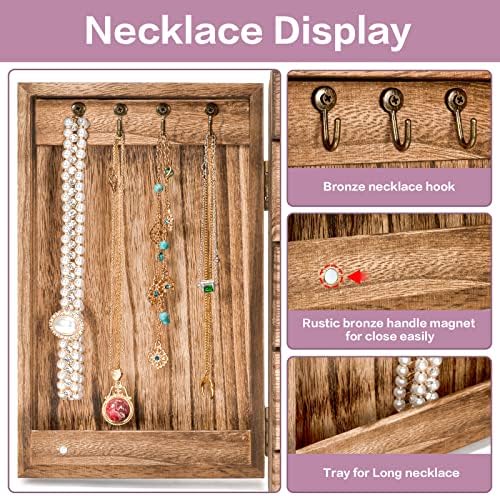 Meangood Jewelry Box Wood for Women, 5-Layer Large Organizer Box with Mirror & 4 Drawers for Rings, Earrings, Necklaces, Vintage Style, Torched Wood - Image 4