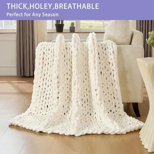 Bigacogo Chunky Knit Throw Blanket for Couch, 40x80 inches, Ivory - Image 4