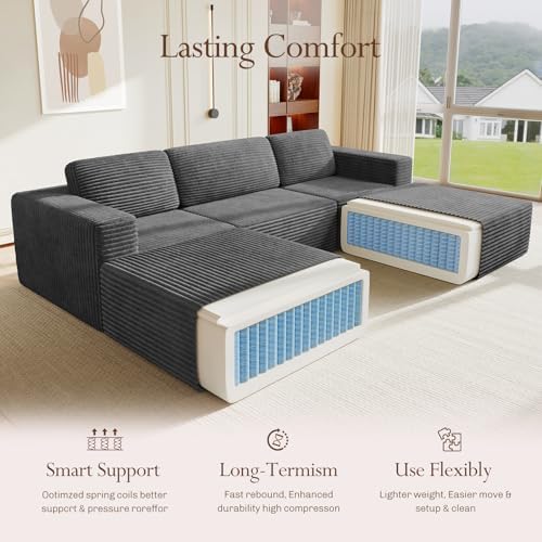 Vesgantti 119" Oversized U-Shaped Modular Sectional Sofa, Corduroy Cloud Couch with Deep Seating & Spring Support, Convertible Sofa with 2 Ottomans, Boneless Couch, No Assembly Required, Grey - Image 3