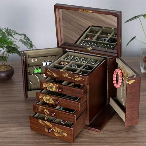 Wood Jewelry Box for Women - Large Vintage Organizer with Mirror - Image 6