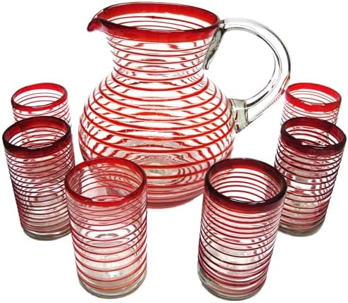 Ruby Red Spiral 120 oz Pitcher and 6 Drinking Glasses set, Recycled Glass, Lead-free, Toxin-Free (Pitcher & Glasses) by MexHandcraft