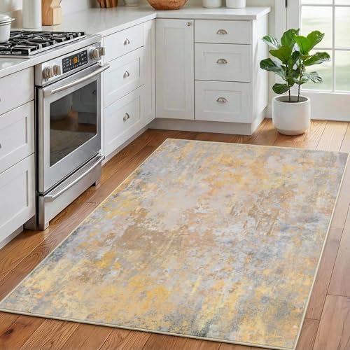 Beige Gold Entryway Rug 3x5 Door Mat Indoor Entrance 36x60, Washable Small Throw Rugs for Kitchen Floor, Entry, Front Door, Bedroom Bedside, Non-Slip Low Pile Stain & Fade Resistant, Abstract - Image 2