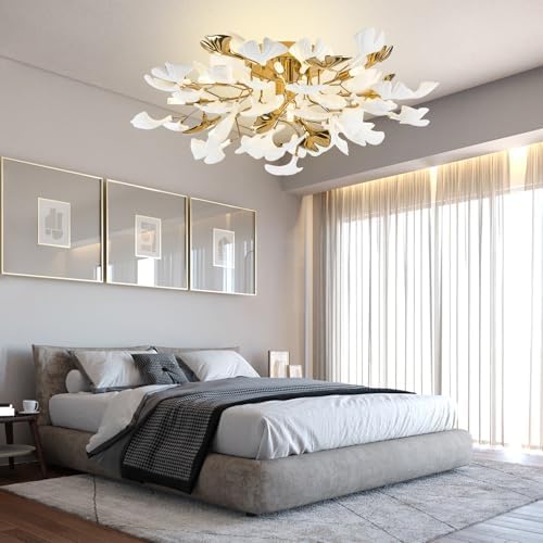 Modern Chandelier Ceiling Light, Gold Ceramic Ginkgo Leaf Chandeliers Brass Chandelier Light Fixture for Kitchen Living Room Dining Room, 24" Ceiling Light Fixture - Image 6
