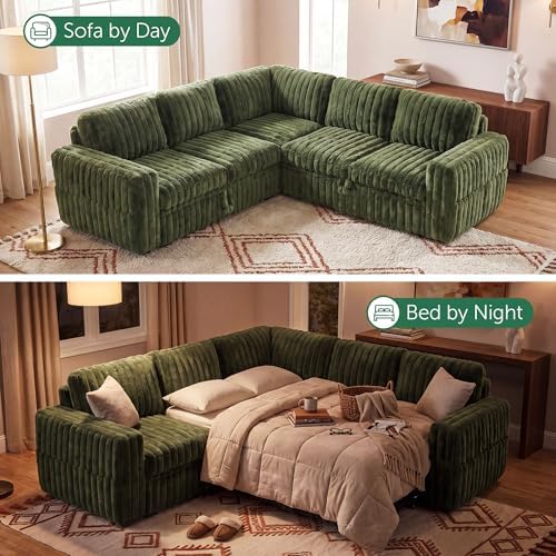 HONBAY Plush Corduroy Modular Sectional Sofa with Pull Out Bed, Convertible L Shaped Couch with Storage,Sleeper Sectional Couches for Living Room,Plush Green - Image 4