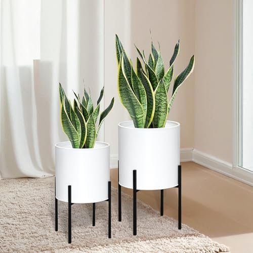ARNIS Modern Plant Pots, Large Planters with Stand, Set of 2 Decorative Planters, Metal Pots with Drainage Holes for Living Room, Office, Garden or Balcony, 10.5 &12.25 Inch, White by ARNIS