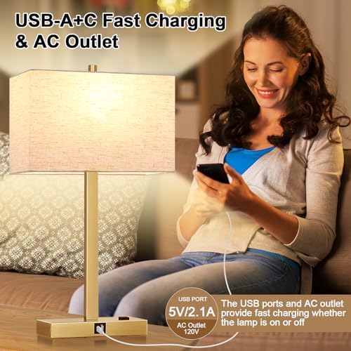 Lynnoland 21" Set of 2 Table lamp with USB A+C & AC Outlets, Touch Control 3-Way Dimmable Nightstand Lamps for Living Room Bedroom Office Reading, Linen Shade Touch Lamps, 3000K LED Bulbs Included - Image 7