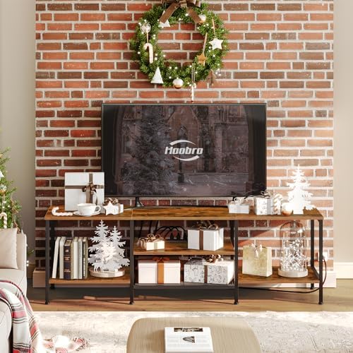HOOBRO TV Stand with Power Outlets to 75 Inches, TV Console Table with Open Storage Shelves Cabinet, Industrial Media Entertainment Center for Living Room Bedroom, Rustic Brown and Black BF80DS01 - Image 2