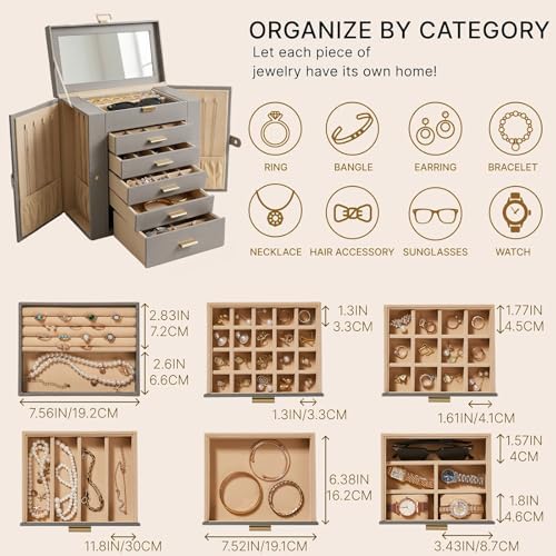 Large Leather Jewelry Box for Women, Mirror, 6 layer, Grey - Image 3