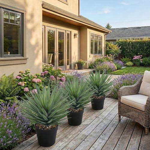 22 Inches Artificial Agave Plant for Indoor & Outdoor - Large Fake Agave Plant in Black Pot with Real Stone Pebbles, Modern Home Office Decor, 105 Leaves - Image 4
