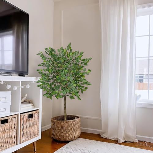 4Ft Ficus Tree Artificial Plants Indoor with Realistic Trunk, Tall Fake Potted Tree Faux Floor Plant, Artificial Tree in Pot for Home Living Room Office Bedroom Corner Decor(Green) - Image 3