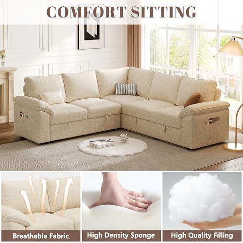 85'' Modular Sectional Sofa with Pull Out Bed, Sleeper Sofa, Beige - Image 5