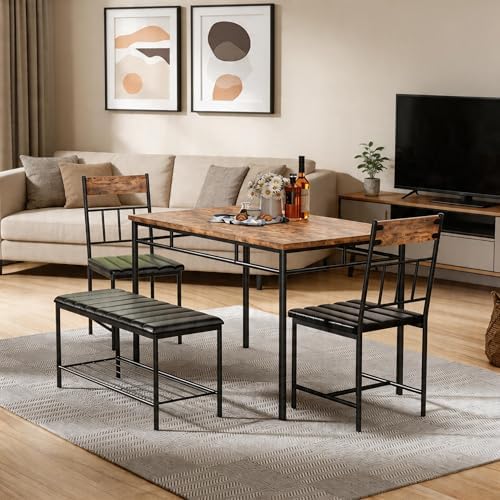 GarveeHome Dining Table Set, Dining Table for 4 with Bench, Kitchen Table, Space-Saving Ideal 4-Person Set for Dining Room Kitchen Apartment Corner by GarveeHome