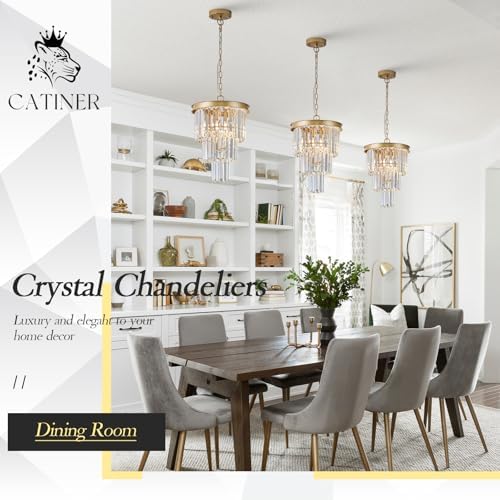 CATINER 12" Modern Crystal Chandeliers,3 Lights Gold Round Light Fixture - Image 3