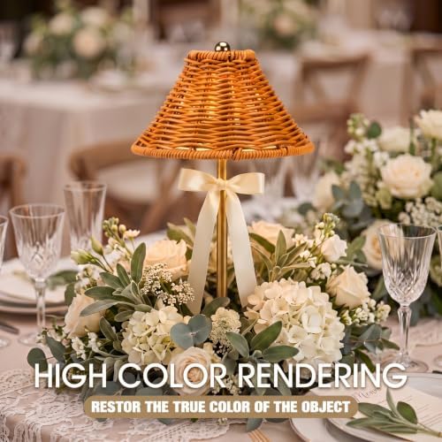 1 Pack Wedding Rattan Bow Cordless Table Lamps Rechargeable, Wicker LED Desk Lamp, 3 Colors Smooth Dimming, Portable Table Decor with Bows for Dining - Image 6
