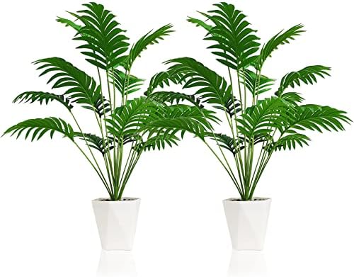 SAJANDAS Set of 2 Artificial Areca Palm Plants in Pots, 31 Inch Fake Tropical Palm Trees with Greenery Leaves and Stems, Faux Dypsis Lutescens Floor Plants for Store, Office, Home Decoration by SAJANDAS