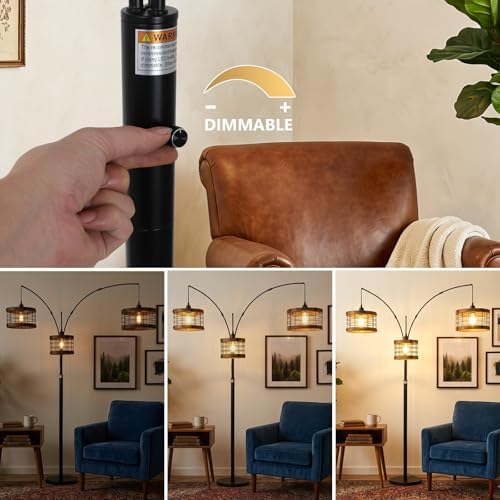 3-Lights Vintage Wood Floor Lamps for Living Room, Black Arc Floor Lamp for Bedroom, Industrial Standing Lamp for Office, Dimmable Tall Lamp, Arched Corner Floor Lamp, Over Couch Reading Lamp - Image 2