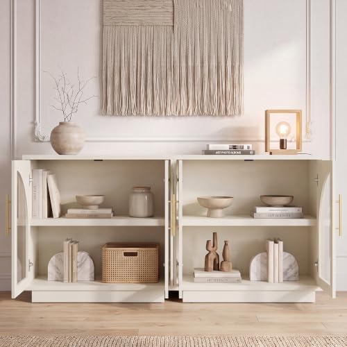 Fatmok Arched Glass Sideboard Buffet Accent Cabinet, 31.5" Display Credenza with Adjustable Shelf,1-Piece Modular Coffee Station Storage for Kitchen Living Room Bedroom, Beige(Not White) - Image 4