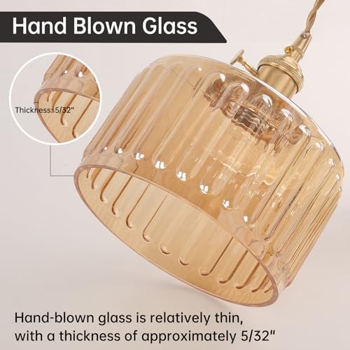 Shenmoyl Plug in Pendant Light Hanging Light Fixtures with Plugin Cord On/Off Switch,Amber Striped Glass Lampshade Brass Pendant Light - Image 6