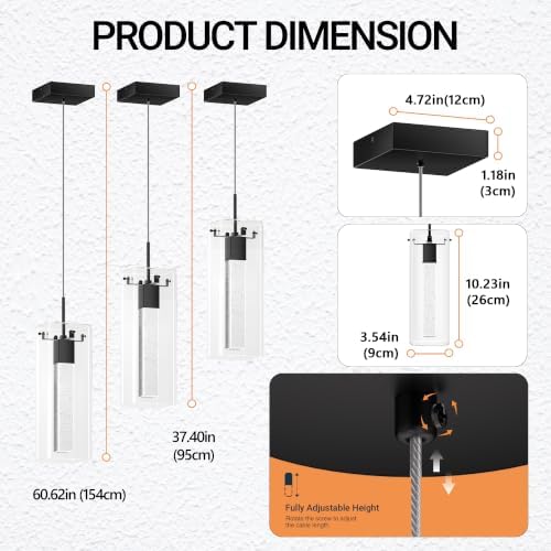 LED Crystal Pendant Lights for Kitchen Island, Matte Black, 3 Pack - Image 3