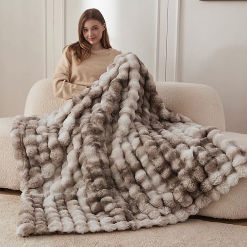 COOVA Faux Fur Throw Blanket for Couch, Cozy Soft and Fuzzy Plush Rabbit Fur Bubble Blanket for Sofa Bedroom Living Room, 50x60 Inches Tie Dye Brown (Pack of 2) - Image 2