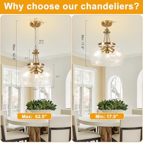 Modern Pendant Lights Kitchen Island, 3-Light Brushed Gold Pendant Light Fixtures with 14.2" Clear Glass Shade, Industrial Hanging Pendant Lights Fixture for Kitchen Island Dining Room Entryway Foyer - Image 5