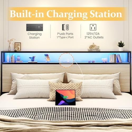 Lifezone King Bed Frame with 2-Tier Storage Headboard, Metal Platform Bed Frame with 4 Storage Drawers, Built in Charging Station & LED, Noise-Free/Metal Support/No Box Spring Needed, Beige - Image 5