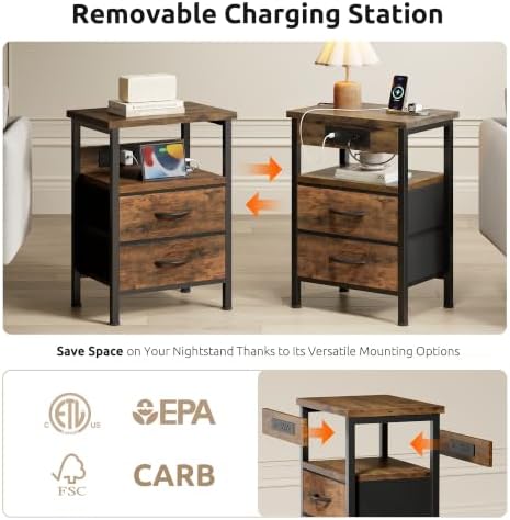 Lazzanto Night Stand with Charger Station for Bedroom, Brown Nightstand - Image 4