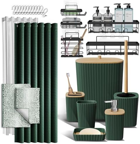 Clara Clark Bathroom Accessories Set - 27PC Bathroom Set with Adhesive Corner Shower Caddy Hanging, Bathroom Sets with Shower Curtain and Rugs, Ombre Green Shower Curtain Set with Bathroom Trash Can by ClaraClark