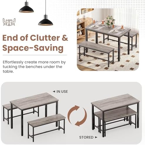 Dining Table Set for 4, 3 Piece Dining Room Table Set for Space-Saving, Modern Kitchen Table with 2 Benchs for Apartment Breakfast Nook and Samll Space, Grey - Image 7