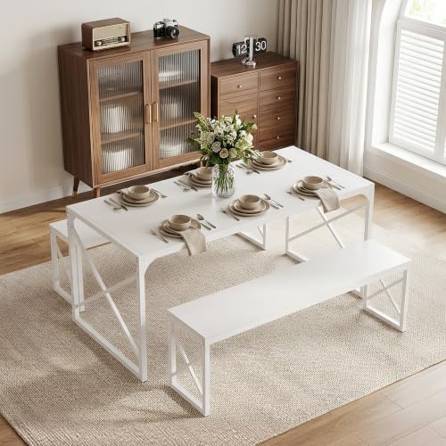 VECELO 55” Kitchen Dining Table Set for 4, Heavy-Duty Steel Frame & Wood-Grain Tabletop, Space-Saving Dinette Sets with 2 Benches for Breakfast Nook and Small Space, White by VECELO