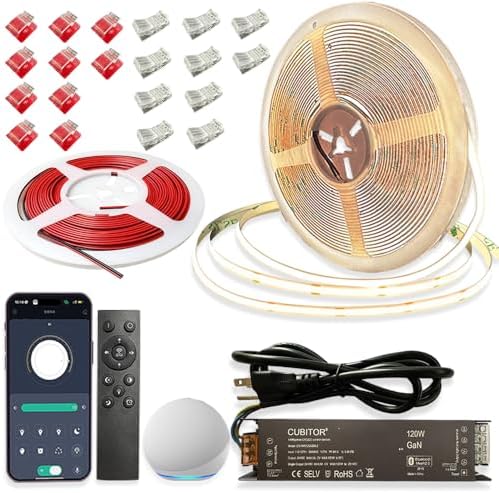 CCT COB LED Strips Light Kit,2700K-6500K,32.8ft/10m,Dimmable & Cuttable,24V Tape Strip with Smart Transformer,Remote/App/Alexa Voice Control,for Bedroom,Shelves,Kitchen Under Cabinet Lighting by Unknown
